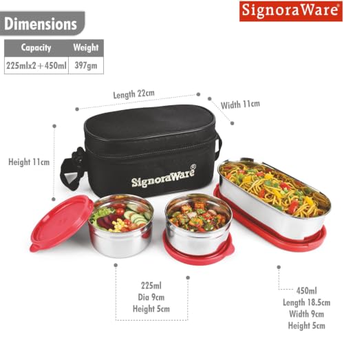 Image of SignoraWare Mini Double Decker Stainless Steel Lunch Box,(225ml+225ml+450ml, Red), Dishwasher Safe, Retains Freshness & Quality, Best for Office Executives & Students, Picnics and Outings