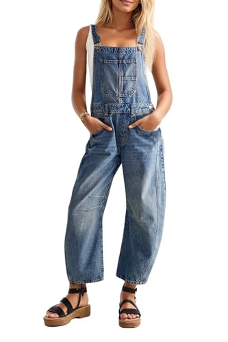 Ladyful Womens Denim Bib Overalls Barrel Leg Adjustable Straps Jeans Work Garden Street Holiday Y2k Denim Romper Pants Jumpsuits