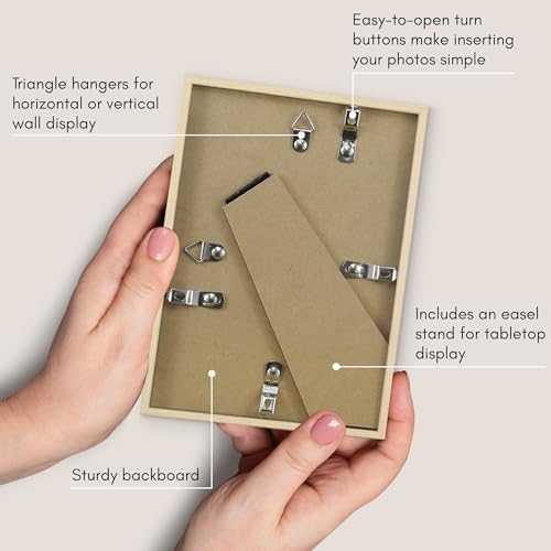 Americanflat 5x7 Picture Frame with Shatter-Resistant Glass - Streamline Collection - Thin Border Picture Frame for Tabletop and Wall Display - Hanging Hardware and Easel Stand Included - Natural Oak