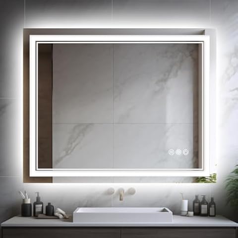 Durx-litecrete LED Bathroom Mirror, 40'' x 32'' Wall Mounted Vanity Mirror, Front & Back Light Mirrors, 3 Color Stepless Dimmable Lighted Mirror, Anti-Fog, Shatter-Proof, Memory(Horizontal/Vertical) Cover