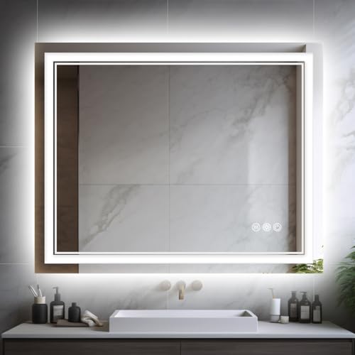 FURNIFIXTURE 40x32 Inch LED Bathroom Mirror - Lighted Vanity Mirror for Wall with Backlit and Two Front Light, Anti-Fog, Shatter-Proof, 3 Color Temperatures, Memory, Dimmable, Horizontal/Vertical
