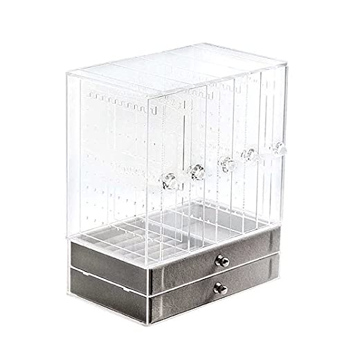 MEETOZ Joyero acrílico con 2 cajones, 5 soportes transparentes para pendientes, organizador de joyas de terciopelo, estuche de almacenamiento transparente para mujer, para anillos, pulseras, aretes y