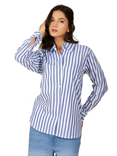 Image of Women's Cotton Striped Shirt | Casual Button Down Shirts for Women | Full Sleeve Stylish Office Wear Top | Regular Fit Color