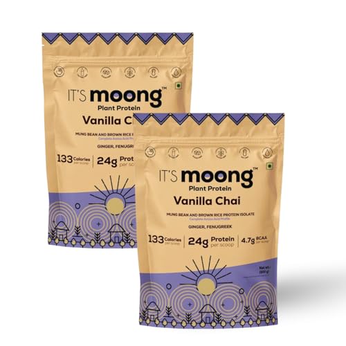 Image of It's Moong Plant Protein Powder for Men & Women | 500 g | Vanilla Chai Bean & Brown Rice Blend | Vegan, Sugar Free | Ginger & Fenugreek | Easy to Digest Sprouted Plant Based Protein (Pack of 2)