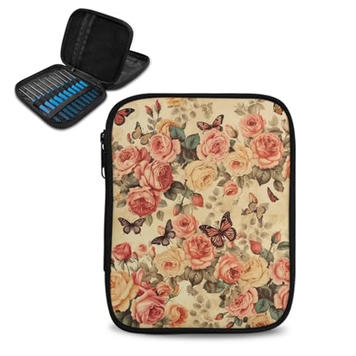 Image of Crochet Hook Case Vintage Flower Crochet Hook Holder Portable Crochet Hook Storage Bag with Web Pockets Suitable for Crochet Needles /Knitting Accessories