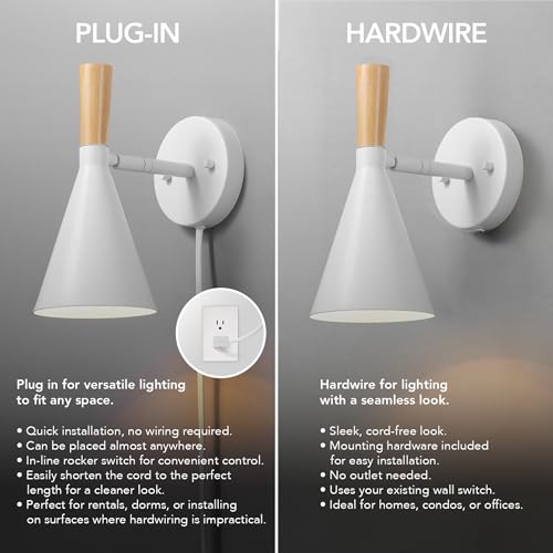 Image of Globe Electric 65000147 1-Light Plug-in or Hardwire Wall Sconce, Matte White, Light Wood-Toned On /Off Rotary Switch on Pivoting Shade, 6ft White Braided Fabric Cord, Wall Lights for Living Room