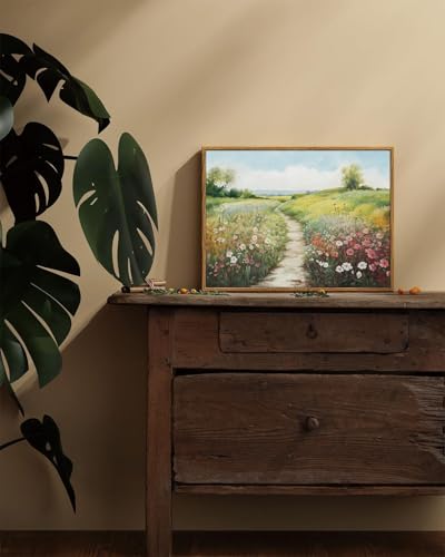 Image of KISSFOX Vintage Framed Wall Art Decor Spring Landscape Pictures Wall Decor Rustic Wildflower Path Paintings Countryside Canvas Art Prints Modern Farmhouse Artwork For Bedroom Kitchen Living Room