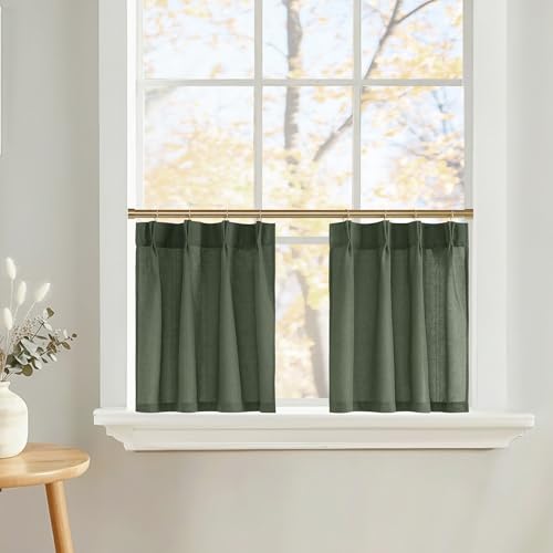 NICETOWN Pinch Pleated Linen Kitchen Curtains 24 Inches Long, 2 Panels Set Forest Green Farmhouse Light Filtering Short Curtains for Cafe Bar Living R