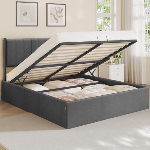 VASAGLE King Bed Frame 150 x 200 cm Ottoman Bed with Lift-Up Storage Hydraulic Lift Modern Minimalist Easy Assembly Slate Grey RMB617GN01