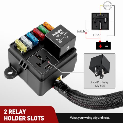 Image of Nilight 12V Fuse Relay Box 2 Relays 4pin 80A 6 Fuses Pre-Wired Block Kit | 6-Way ATC /ATO Blade Fuses Holder 12AWG Pre-Wired Relay Box Universal for Automotive Car Truck Camper Boat