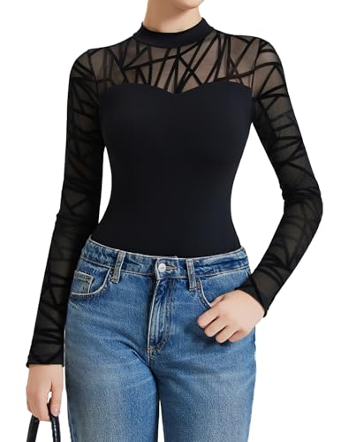 Body de manga larga con malla transparente y cuello falso Avidlove