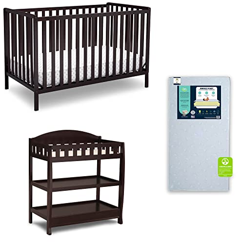 Image of Delta Children Heartland 4-in-1 Convertible Crib Infant Changing Table with Pad + Serta Perfect Start Crib Mattress, Dark Chocolate