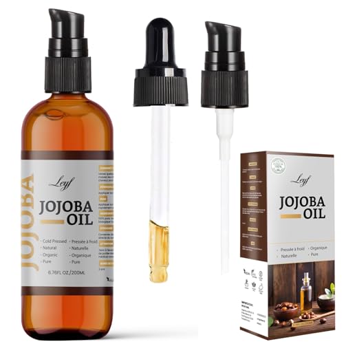 Leyf Bio Jojobaöl 200 ml, 100% Rein, Vegan, Körper, Haare, Gesicht, Nägel, Glasflasche + Glaspipette + Pumpe, Feuchtigkeitspflege, Futterspender, Körperöl Straffend
