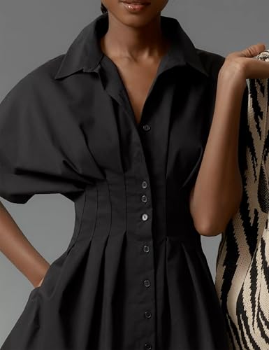 Summer Button Down Pleated Shirt Dress for Women Striped Print V Neck Short Sleeve Mini Dress Casual Corset Dresses2