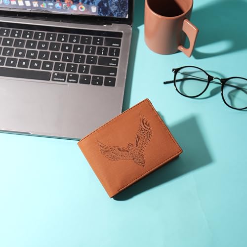 Image of VEMILIO Vegan Leather Wallet for Men | Eagle Print Embossed Premium Bifold Wallet | 3 Card Slots | 2 Cash Compartments | 1 Coin Pocket & 2 Secret Slots | Stylish, Durable & Gift for Men (Eagle, Tan)