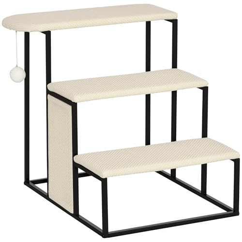 PawHut Hundetreppe 3 Stufen 53 cm Hoch Haustiertreppe für Katzen bis zu 6 kg Katzentreppe Hunderampe Einstiegshilfe für Bett, Sofa, Couch und Auto Cremeweiß+Schwarz