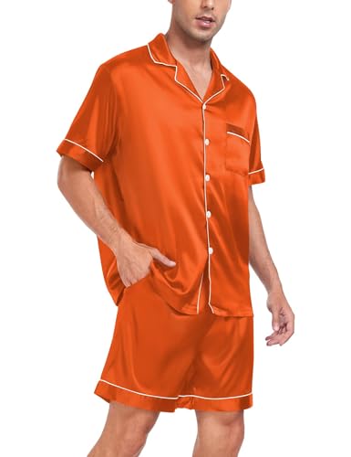Image of SWOMOG Men Satin Silk Pajamas Sets Short Sleeve Sleepwear Button-Down PJs Sets Two-Pieces Loungewear with Pockets