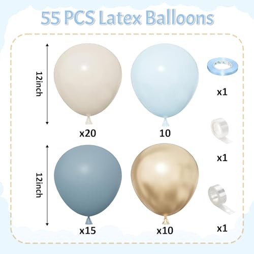 Image of Dusty Blue Balloons, 55 PCS 12 Inch Baby Haze Blue Balloon Sand White Balloons with Metallic Gold Balloon for Boho Baby Shower Birthday Wedding Bridal Shower Gender Reveal Party Decorations