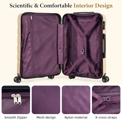 Image of 3 piece Carry on luggage 22x14x9 airline approved, Champagne | Removable Spinner Wheels ABS Hard Case TSA, combination lock(20 inch /DB /TB)