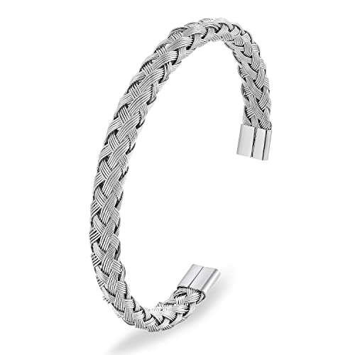 BIYONGDE Silver Color Stainless Steel Braided Cable Cuff Bangle Bracelet, Adjustable, Mens Womens, Minimalist