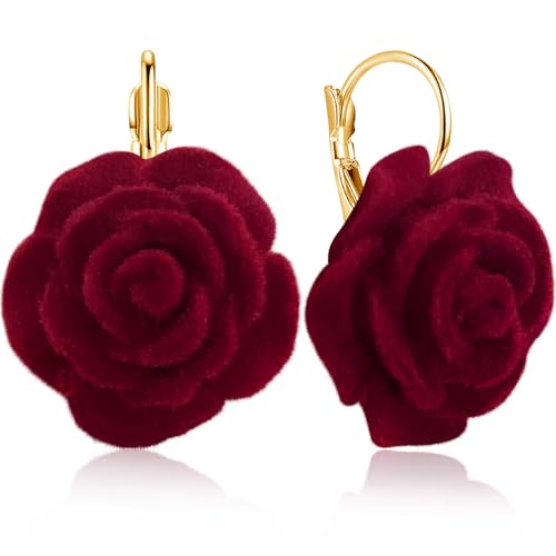 Gdpaddy Velvet Acrylic Rose Flower Lightweight Dangle Drop Earrings Vintage Camellia Floral Leverback Earrings for Women (Wine Red) by Gdpaddy - Used condition - US$8.01