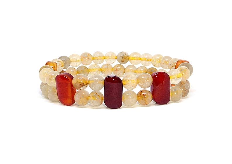 Bracelet quartz rutilé et cornaline 8mm pour méditation et prospérité