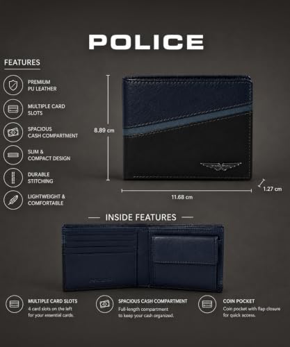 Image of Police Men's Genuine Leather Bifold Wallet with Coin Pocket | 4 Card Slots | Slim Wallet| 2 slip in pockets |Gift box packaging