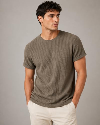 Image of London Hills Men's Waffle Textured T-Shirt | Solid Regular Fit Round Neck Half Sleeve Casual Wear Tee | Soft, Breathable & Lightweight Fabric