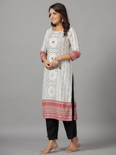 Image of Juniper White Ethnic Motif Printed Rayon Slub Kurta with Beads & Sequins