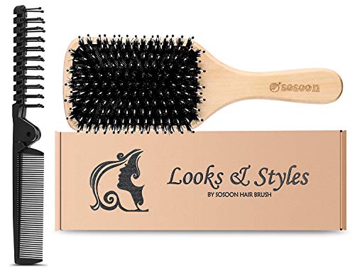 Sosoon Boar Bristle Paddle Hairbrush for Long Short Thick Thin Curly Straight Wavy Dry for Men Women Kids, No More Tangle
