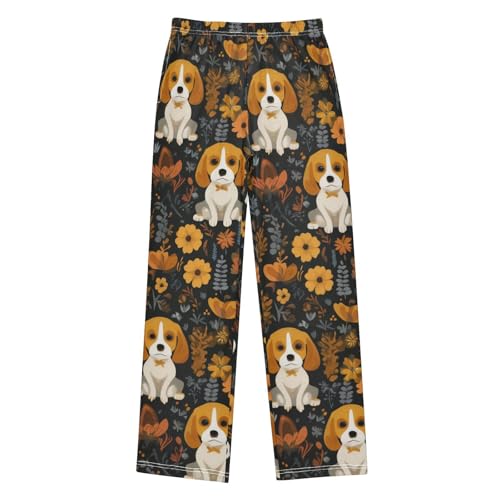 ZZXXB Beagle Skull Flowers Boys Long Pants Soft Trousers Elastic Waist Kids Lounge Bottoms with Pockets S-XL