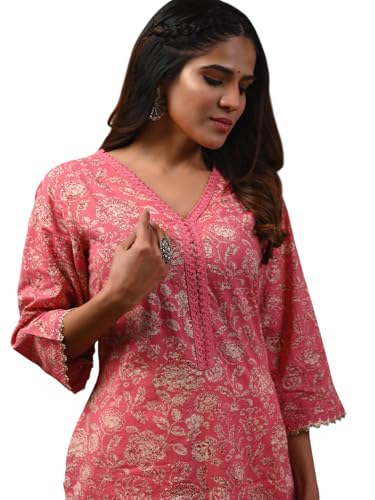 Image of Rimeline Women's Cotton Printed Kurta with Lace Trim Neckline | Straight Fit Ethnic Wear for Office, Casual & Daily Use