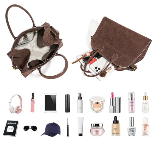 Image of Women's Suede Tote Bag - Large-Capacity Vintage Satchel, Brown Top-Handle Bag for Work and Travel