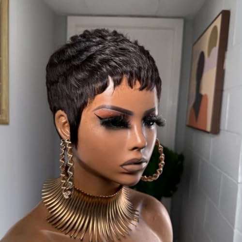 Quazirpu Short Wigs for Black Women Glueless Pixie Cut Human Hair Wigs With Bangs Natural Black Color Wear and go Breathable Lightweight Wig for Everyday Use