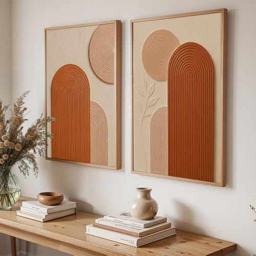 Image of NoWorries Abstract Arch Wall Painting Set of 2 with Frame | Terracotta Beige Geometric Texture Artwork, Modern Minimal Boho Wall Decor for Living Room, Bedroom, Office and Home Decoration (Art-9, 10x13inch)