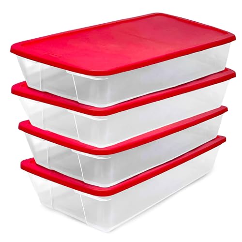 HOMZ 4-Pack Holiday Tote, Clear Plastic Storage Organizer Bins with Lids, 41 Quart, Red - Stackable Organizing Containers for Home, Garage, and Office