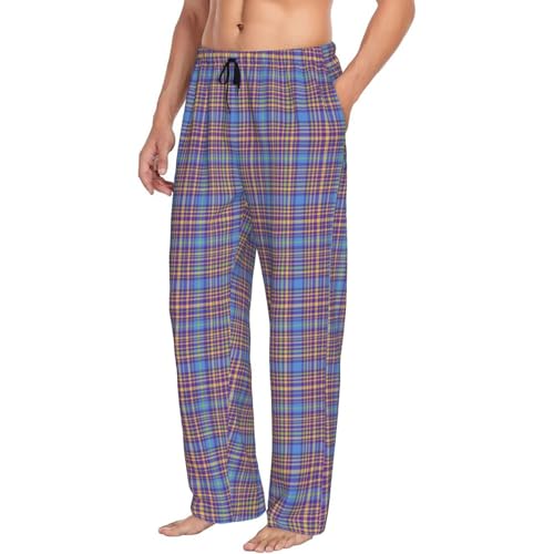 Mens Pajama Pants - Retro Light Blue Plaid Print Soft Sleep Lounge Pants For Men, Casual Pj Bottoms With Pockets