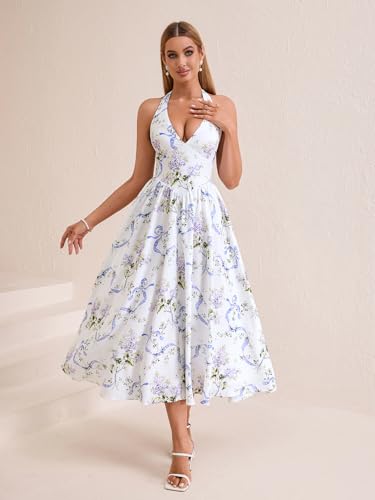 Image of Parthea Women's Gingham Halter V Neck Midi Dress Corset Smocked Sundress Flowy A Line Wedding Guest Dresses