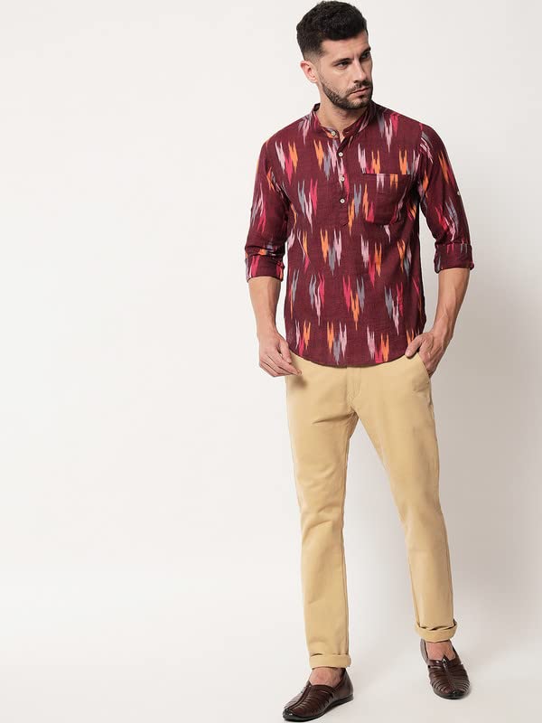 Image of Vastraa Fusion Men's Handloom Weaving Pure Cotton Short Kurta, Round Collar, Full Sleeves,Button Kurta, Ethnic Wear