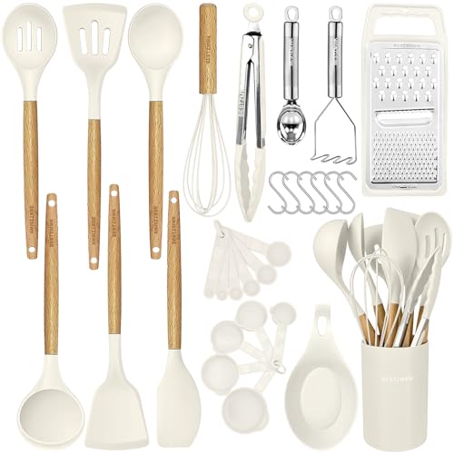 Kitchen Cooking Utensils Set,29 pcs Non-Stick Silicone Cooking Kitchen Utensils Set with Holder, Wooden Handle Silicone Kitchen Gadgets Utensil Set Spatula Turner Spoon Tongs Whisk (White)