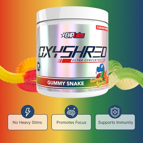 Image of EHP LABS OxyShred Pre Workout Powder - Preworkout Powder with L Glutamine & Acetyl L Carnitine, Energy Boost Drink - Gummy Snake, 60 Servings