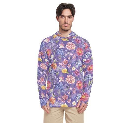 Sunny Daisy Flowers Purple Mens Sun Shirts Protection Long Sleeve Beach Hoodie Swim Shirt UPF 50+ S