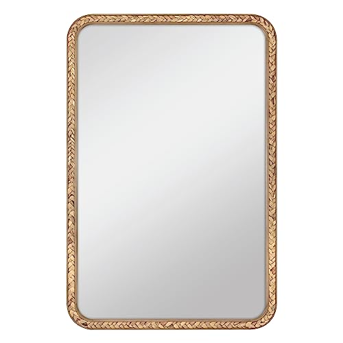 Image of MCS 24x36 Large Wall Mirror, Natural Woodgrain Solid Wood Frame with Braided Seagrass Detail, Vertical & Horizontal Coastal Mirror for Bathroom, Bedroom & Livingroom