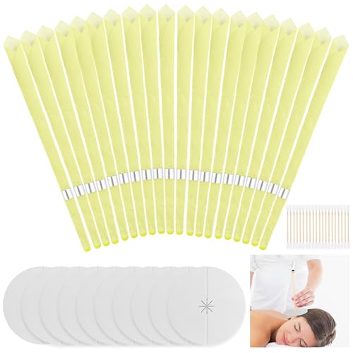 Omsscun 20Pcs Ear Candles for Wax Removal, Natural Beeswax Hopi Ear Candles with 10 Protective Disks and 20 Cotton Swab, Ear Candles for Blocked Ears, Relieve Stress, Improve Ear Condition