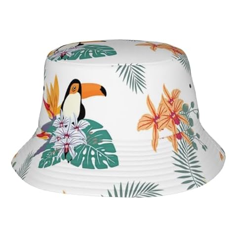 ReLuB Funny Print Bucket Hats, Tropical Plant Parrot Reversible Sun Cap Summer Packable Travel Fisherman Hat for Men Women Teens, Medium Cover