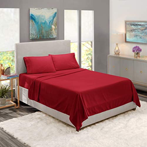 Image of Nestl Short Queen Bed Sheet Set - Burgundy Red - 4-Piece Deep Pocket | Instantly Soft, Night-One Ready (No Wash Required). Fits 16-Inch Deep Pockets, 360-Degree Elastic Grip