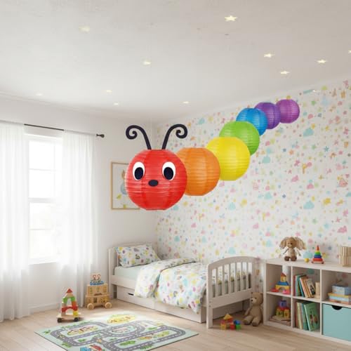 Image of Hortsun 7 Pcs Caterpillar Theme Birthday Decorations Caterpillar Paper Lanterns Sets for School Classroom Birthday Party Favors, with Eyes Mouth Feelers Glue Point (Multicolor)