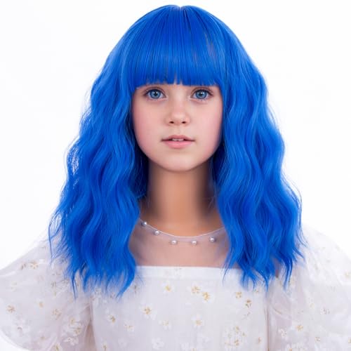 Image of PATTNIUM Kids Blue Wig Short Blue Wig with Bangs for Girls Children Mixed Blue Wigs Cosplay Party Synthetic Wigs(Mixed Blue)