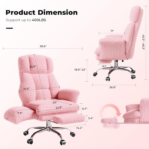 Image of HOMRELEXA Big and Tall Office Chair, Flip Armrests for Pets & Cross Legged Sitting, Executive Ergonomic Computer Gaming Chair with Foot Rest, Rose Velvet Pink Wide Seat Reclining Desk Chair
