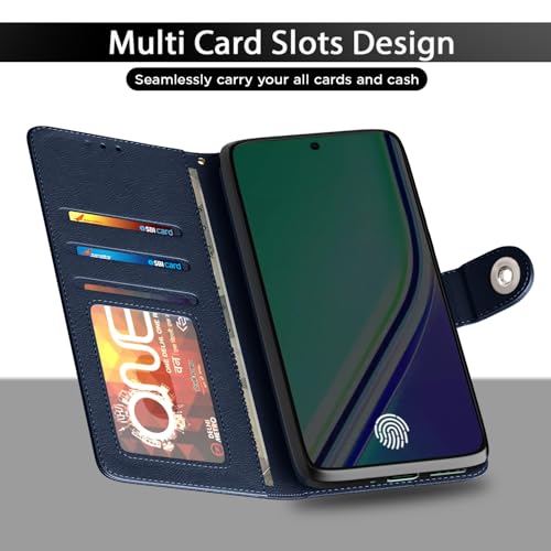 Image of Pikkme Flip Cover for Realme 14 Pro Plus 5G Leather Finish | Inside TPU with Card Pockets | Wallet Stand and Shock Proof | Complete Protection Button Flip Case(Blue)